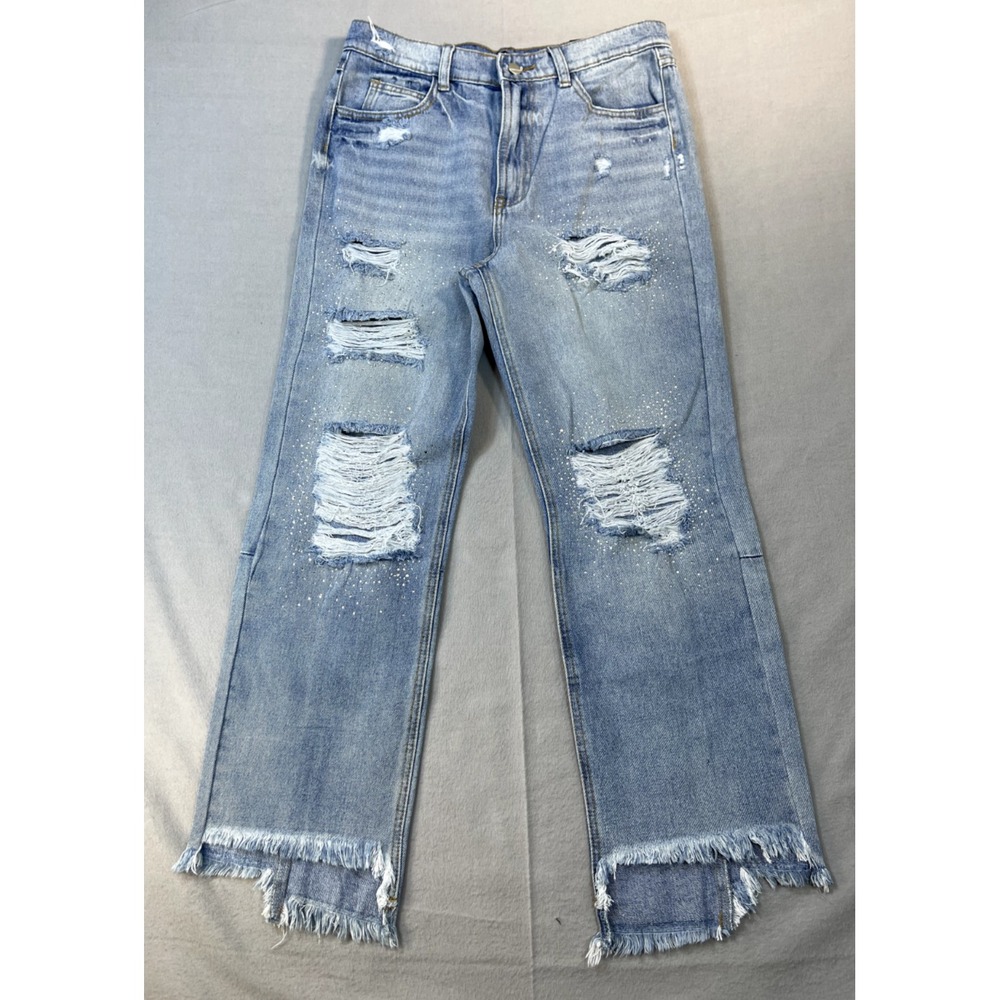 Vocal Blue Jeans Women's Medium Distressed Glitter Straight Leg ‎ 31x27 New